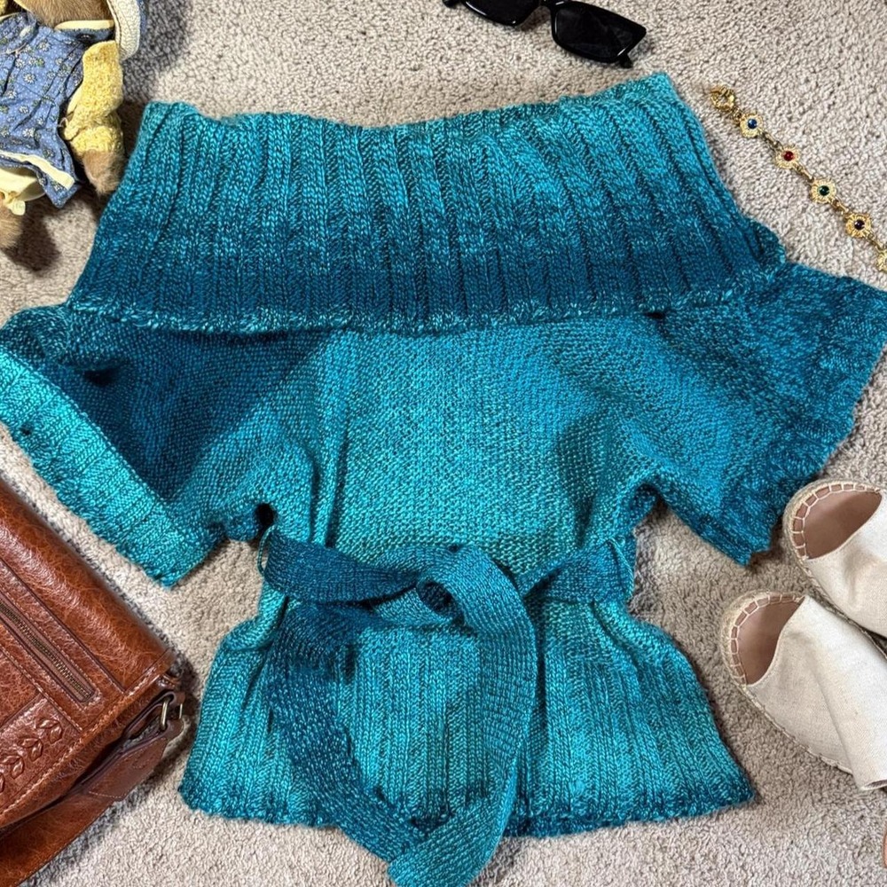 Say What? Teal Blue Off Shoulder Tie Waist Wool Blend Knit Sweater Size M